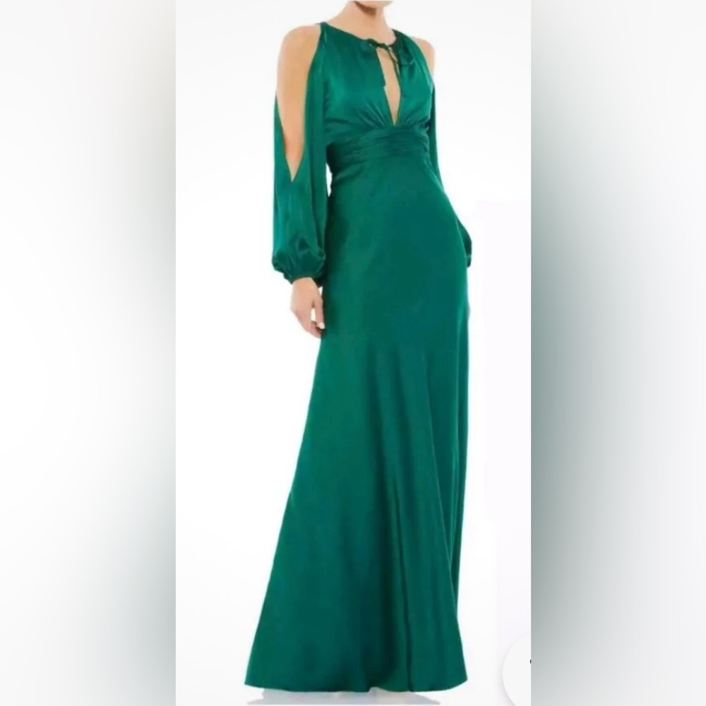 Mac Duggal Cold Shoulder Satin Gown in Emerald Green